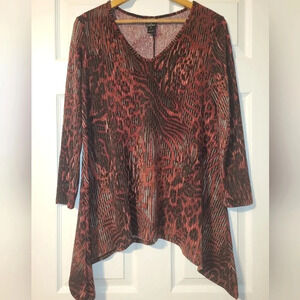 Clara Sun Woo Red Black Animal Print V Neck Long‎ Sleeve Top Size Small